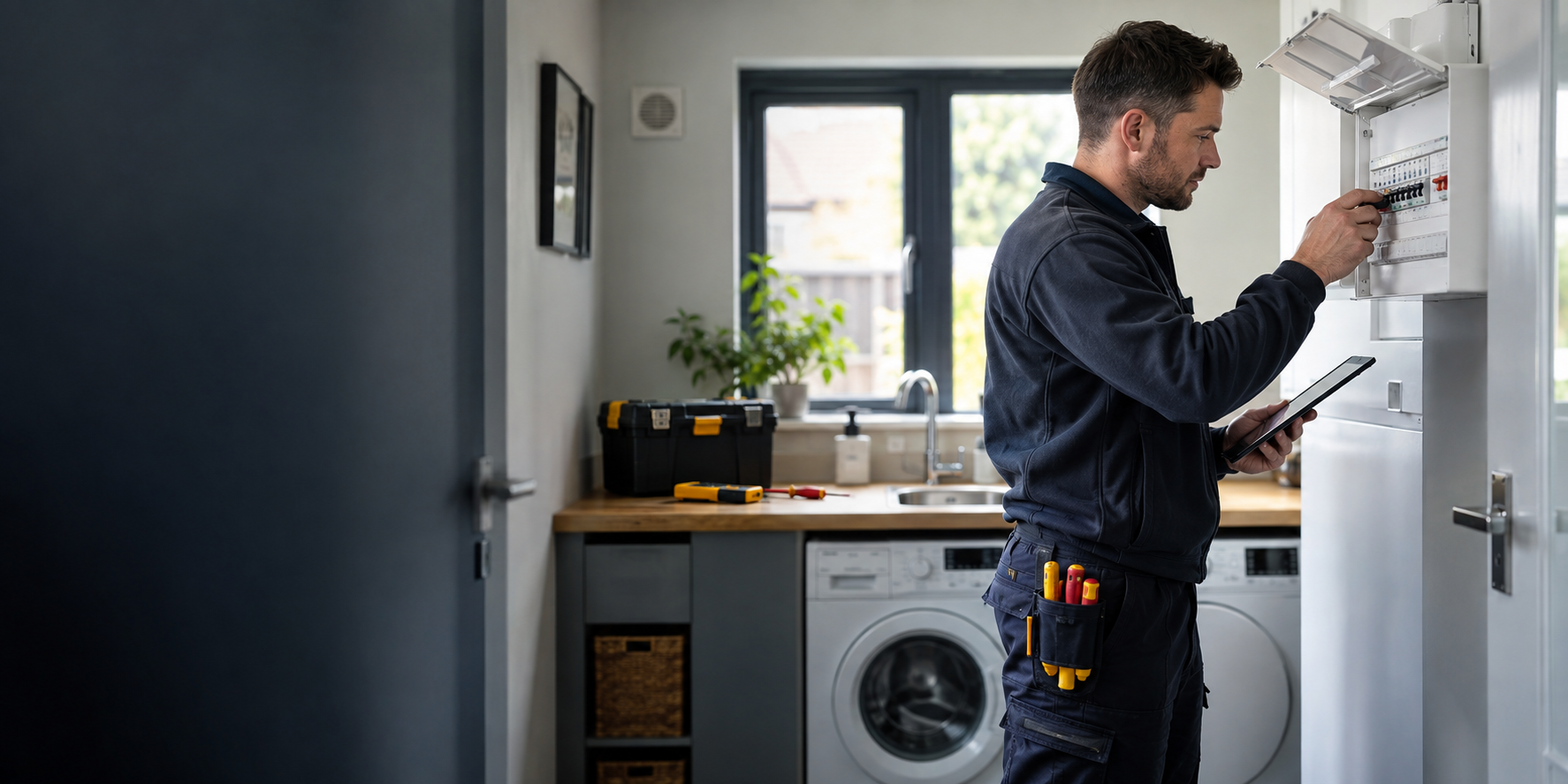 Electrician inspecting a modern consumer unit in a home